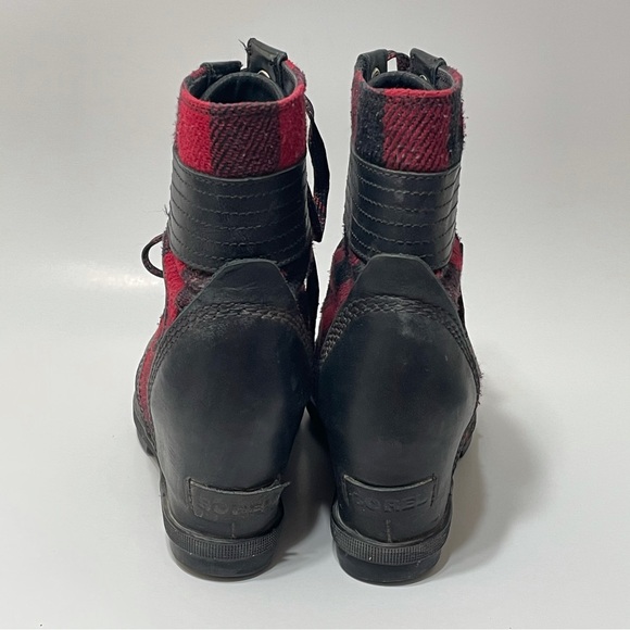 Sorel Lexie Leather Plaid Wedge Boot Womens 7 Red Black Checker - Picture 4 of 9
